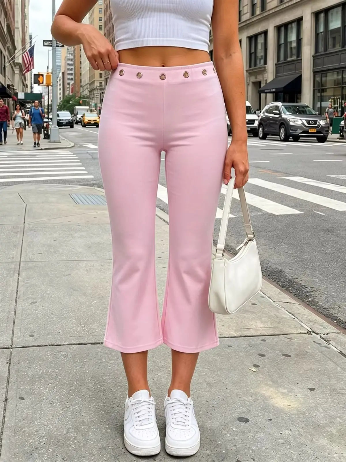 Womens Summer Cropped Pants Mid Rise Flare Trousers Stylish Casual Leg Pants with Silver Eyelet Capris