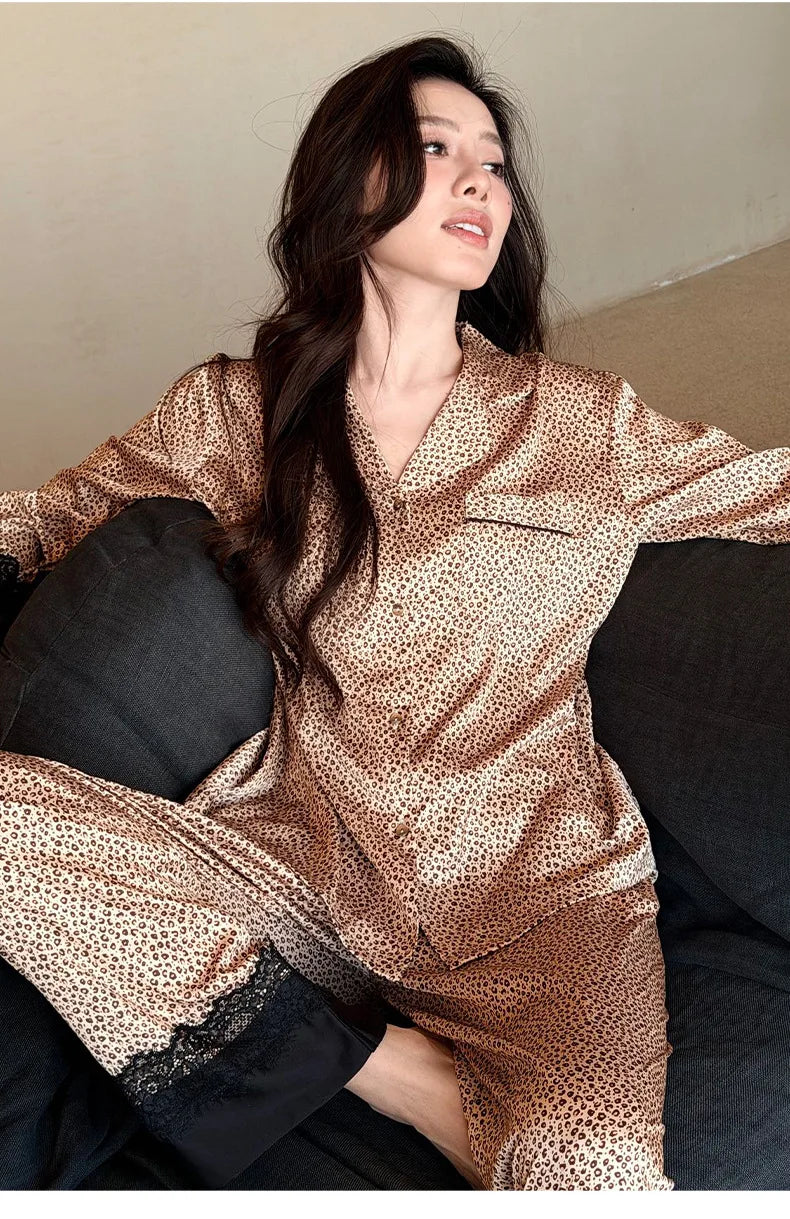 2026 Pajamas for Women Ice Silk Sexy Lace Small Leopard Print Long Sleeve Home Clothes Pajamas Set Can Be Weared Outside