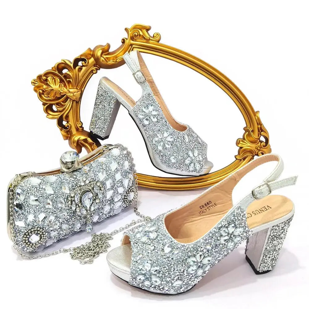 Doershow beautiful Italian Shoes And Bag Sets For Evening Party With Stones Italian Leather Handbags Match Bags! 21-2