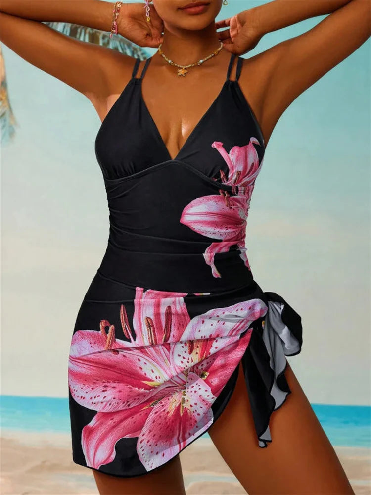 Vintage Yellow Lily Floral Print One Piece Swimsuit Women Double Strap V Neck Holiday Slim Tummy Control Skirt Swimwear Set 2026