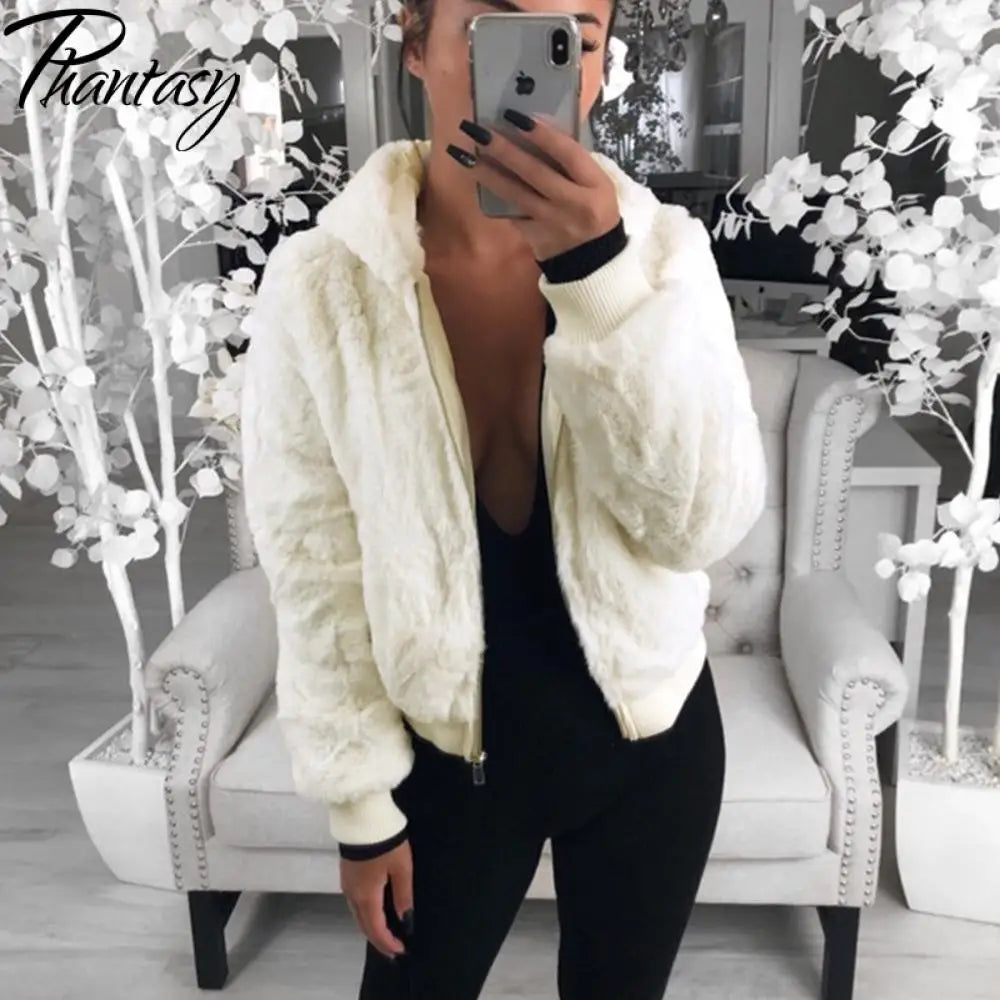Phantasy Women's Hoodies Women Clothing Streetwear New Style Fashion Hooded Imitation Fur Plush Coat Solid Color Jacket Female