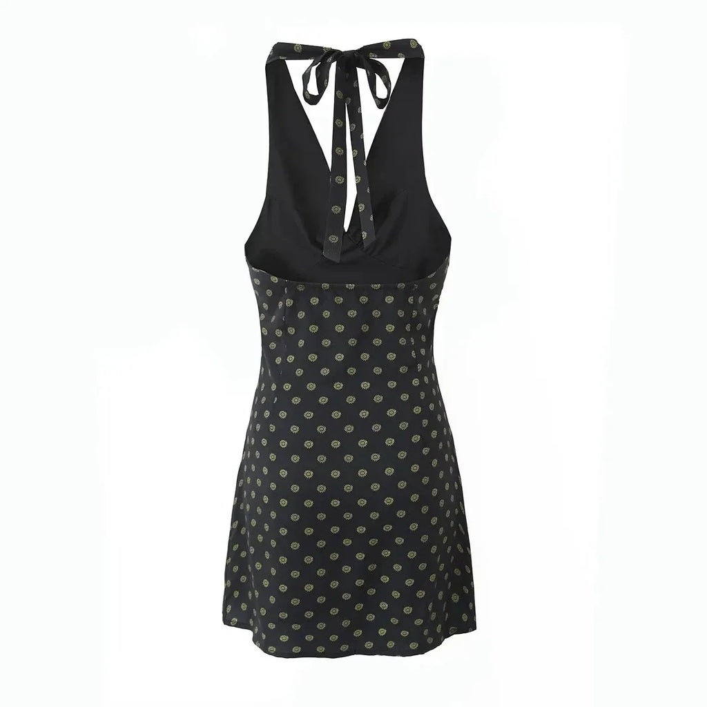 V Neck French Style Summer Women Dress Printed Boho Short Black Beach Dress Party Vintage Backless Tie Up Sexy Halter Dress 2025