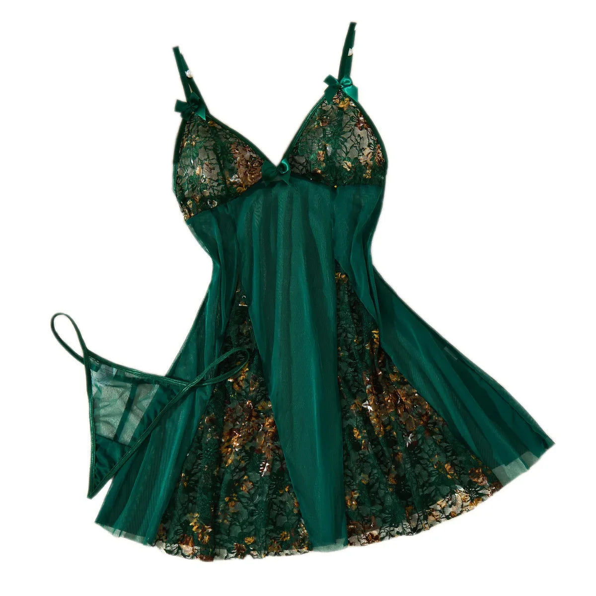 Green Floral Lace Split Sheer Mesh Babydoll Lingerie Set Slip Nightdress With Matching Thong Women Sexy Sleepwear ZA825071