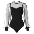 Women Pearl Mesh Puff Sleeve Bodysuit 2024 Fashion Long Sleeve Vintage Body Top Summer Fall Elegant Sexy Blouse Shirts Female
