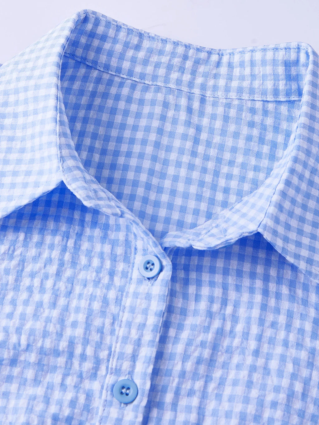 Women Plaid Shirts Button Down Puff Short Sleeve Lapel Neck Tops Fashion Slim Fit Ruffle Trim Blouses Summer