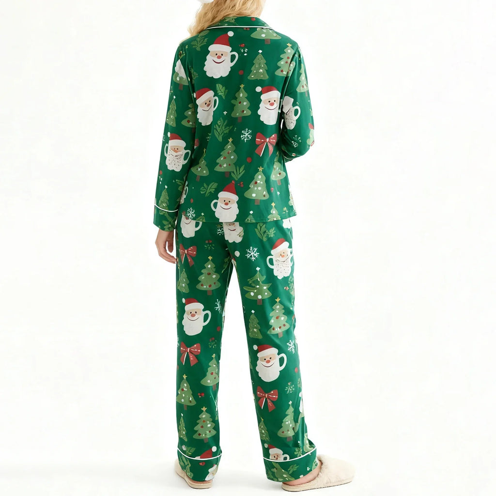 Women's 2025 Christmas Pajama Set Long Sleeve Lapel Santa Claus Christmas Tree Print Shirt Pants Two Pieces Sleepwear