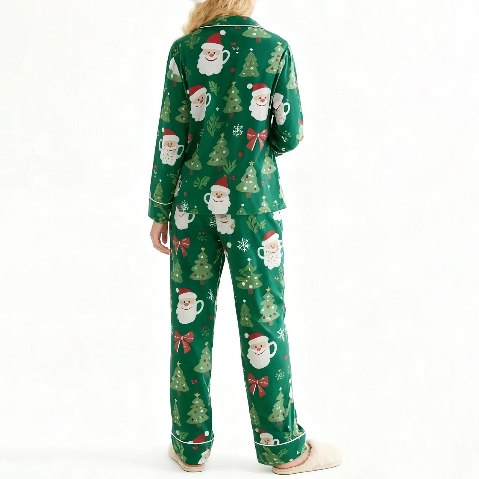 Women's 2025 Christmas Pajama Set Long Sleeve Lapel Santa Claus Christmas Tree Print Shirt Pants Two Pieces Sleepwear