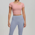 2 Pieces Women Tracksuit Yoga Set Spring Summer Short Sleeve Hollow Out Slim Sports Top High Waist Leggings Running Fitness Suit