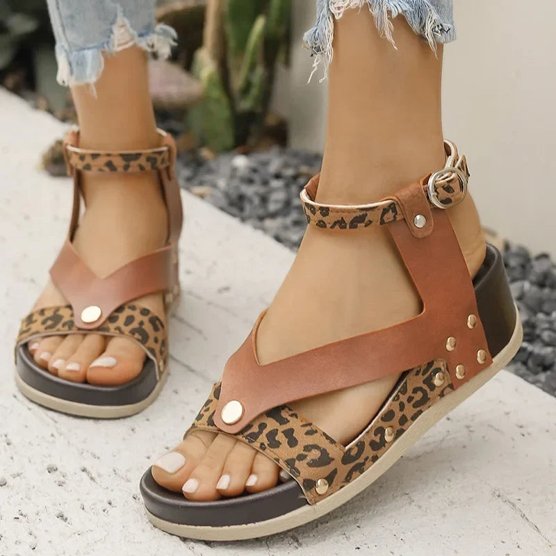 Summer Leopard Print Wedge Sandals Women Plus Size Ankle Strap High Heel Sandal Female New Slip On Pu Leather Sandalias Mujer