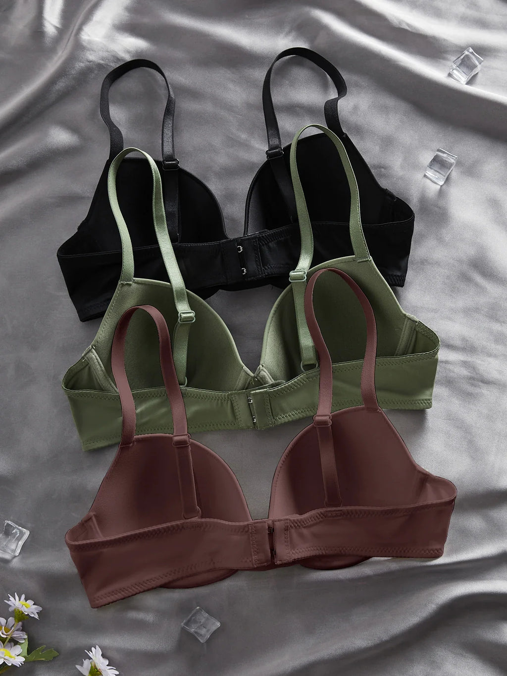 3PCS Basic Solid Women's Underwear Set Seamless Push Up Bra Comfortable Thin Strap Underwire Lingerie