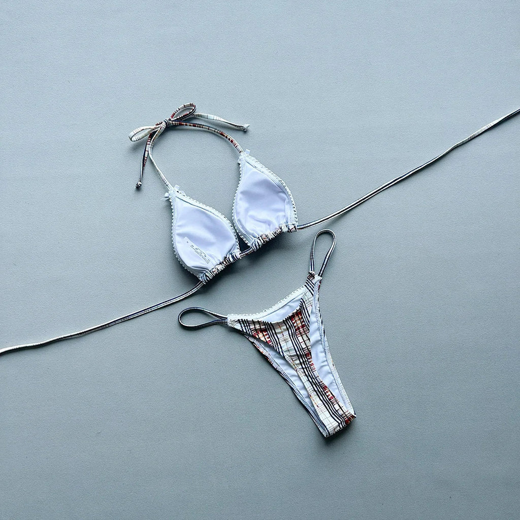 New 2026 Women's Micro Bikini Set Plaid Print Neck Lace-up Backless Biquini Beachwear Sexy Push Up Thong Low Waist  Bathing Suit