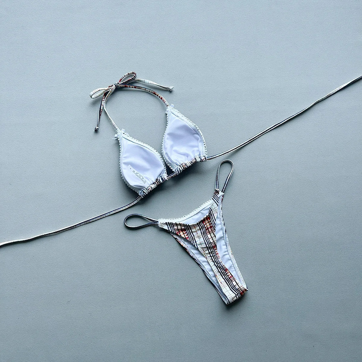 New 2026 Women's Micro Bikini Set Plaid Print Neck Lace-up Backless Biquini Beachwear Sexy Push Up Thong Low Waist  Bathing Suit