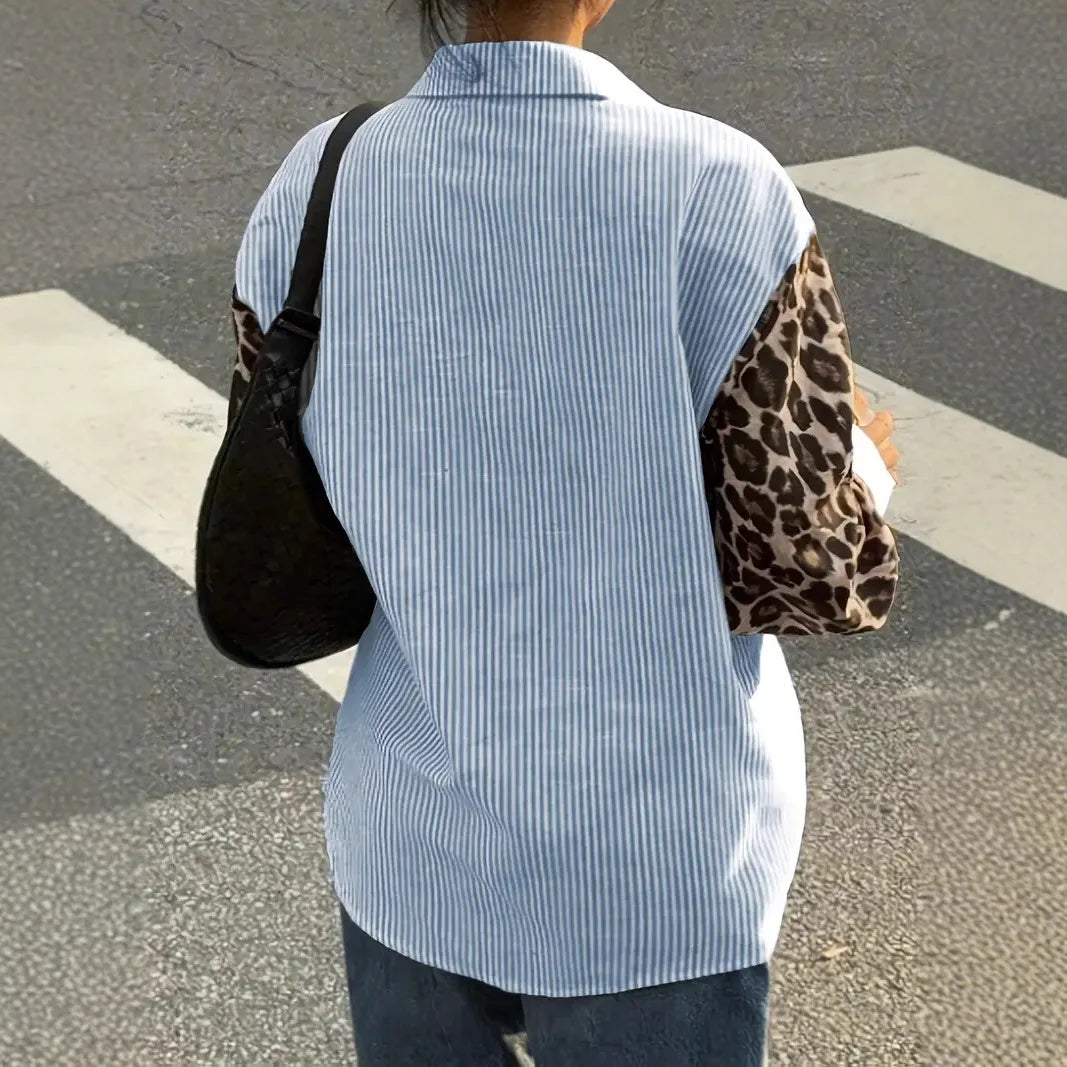 2026 New Women's Loose Casual Leopard Stripe Patchwork Long Sleeve Shirt with Pockets Turn Down Collar Blouse Top
