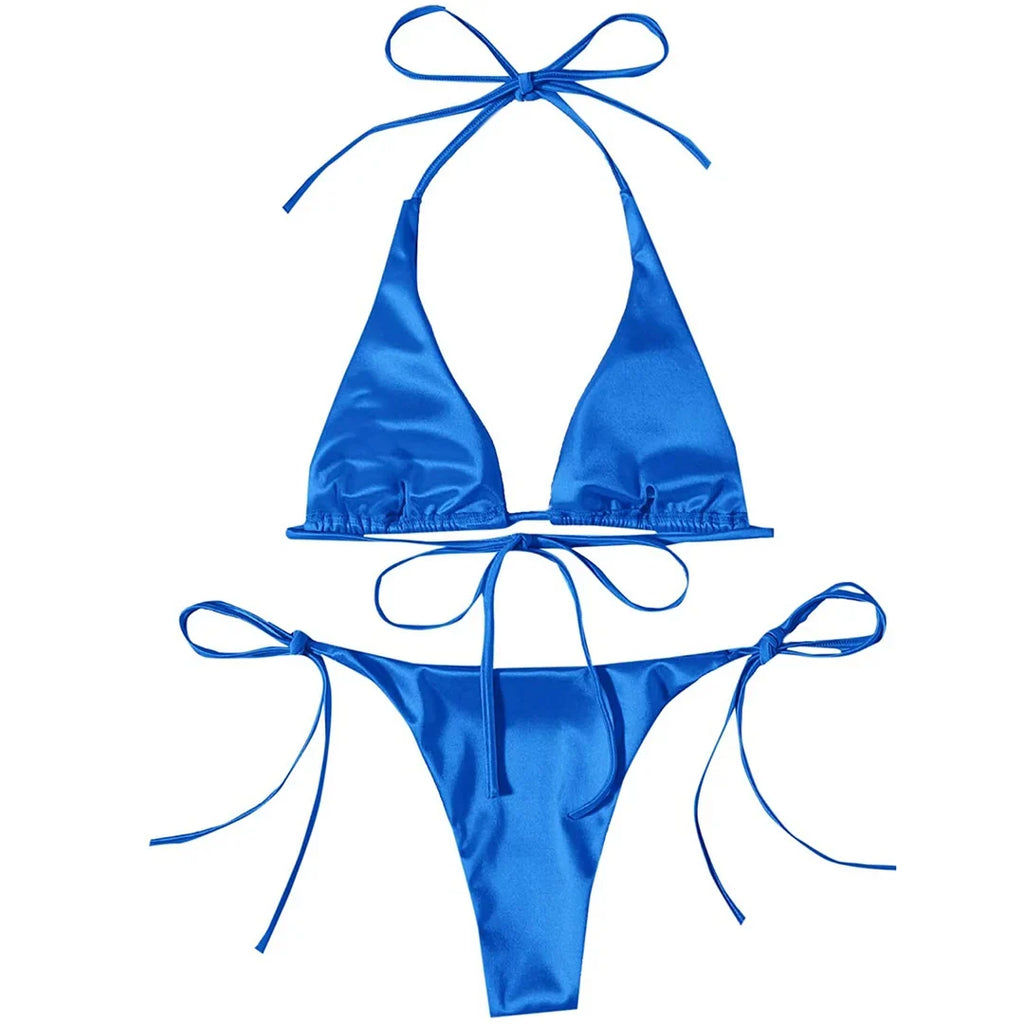 Sexy 13 Colors Halter Satin Brazilian Bikini Women Swimwear Female Swimsuit Two-pieces Bikini set Bather Bathing Suit Swim V4966