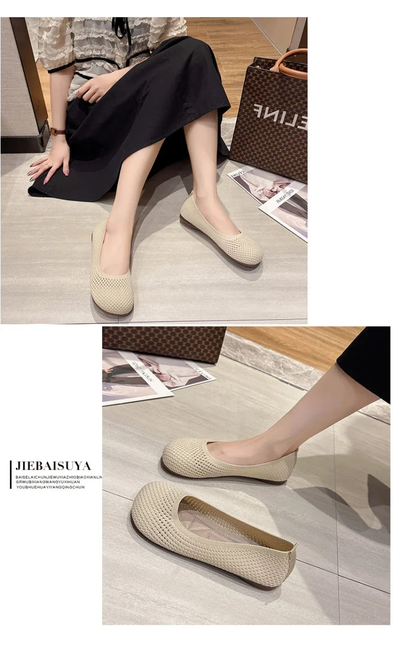 Big Size 42 Women Flats Knitted Breathable Sneakers Ladies Soft Bottom Ballet Loafers Casual Slip on Boat Shoe for Woman
