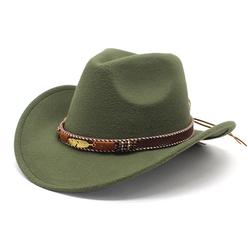 Women Men Wide Brim Floppy Cowboy Hat Western Style Wool Felt Flat Top Cap Classic Vintage Bowler Hat Party