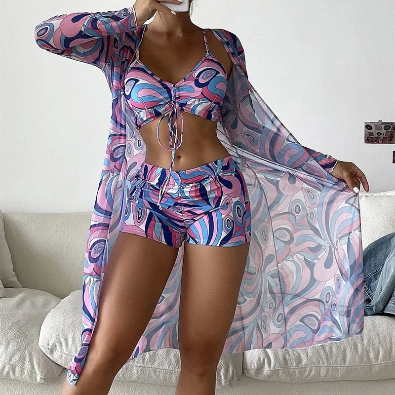 New Women's 3 Pieces Swimsuit Allover Print Tankini+Long Gauze Coat Cover-Up Swimwear High Waist Shorts Bathing Suit Beachwear