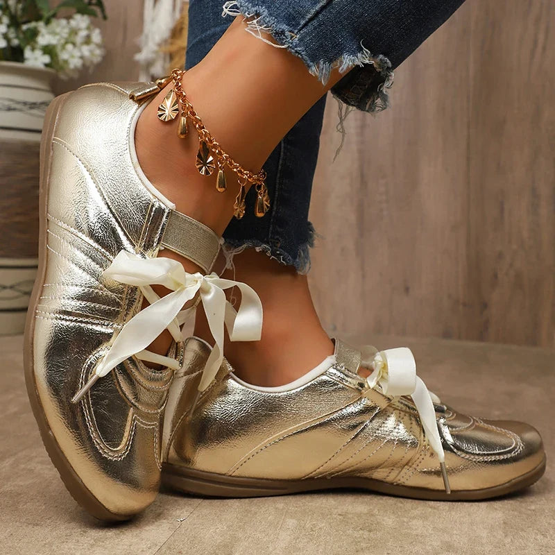 Sweet Ribbon Bowknot Ballet Flats for Women Plus Size 43 Gold Silver Platform Sneakers Woman Comfortable Soft Bottom Flat Shoes