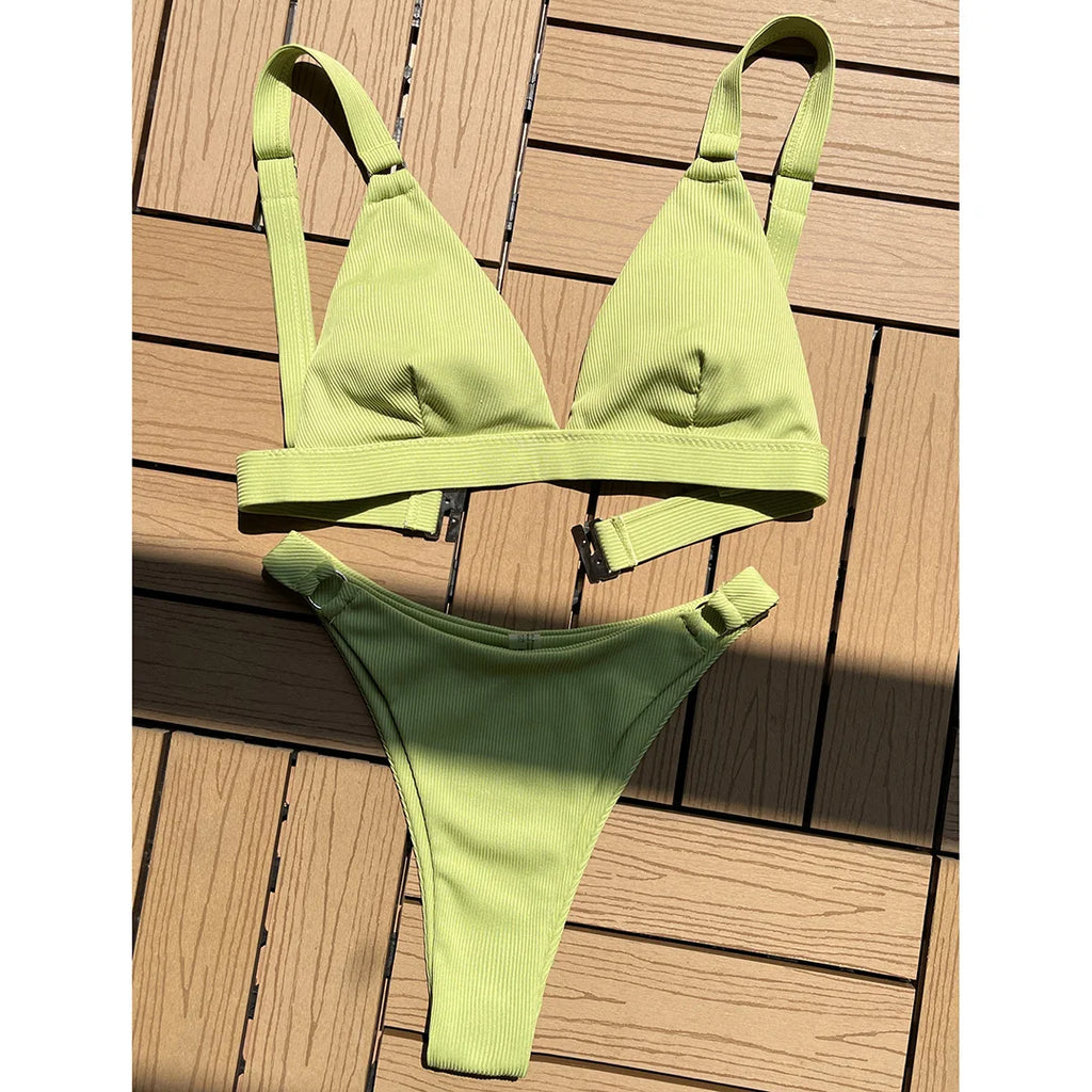 Sexy High Leg Cut Ribbed Bikini Women Swimwear Female Swimsuit Two-Pieces Bikini Set Padded Bather Bathing Suit Swim Lady V3255