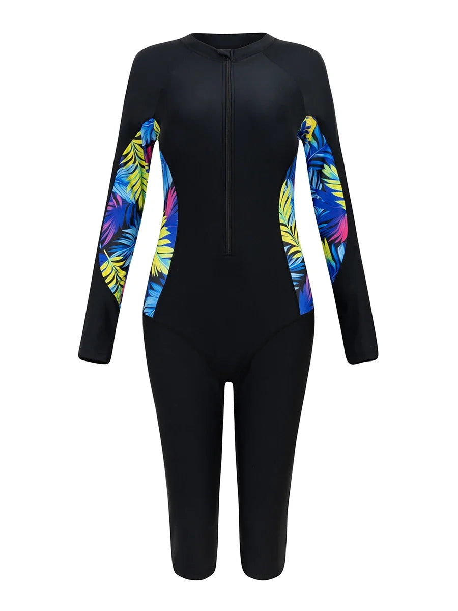 2026 Zipper Rushguard Long Sleeve Surfing Swimsuit Women One Piece Printed Swimwear Female Bather Bathing Swimming Swim Suit XXL