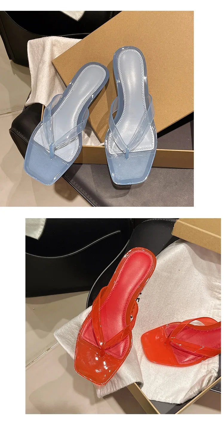 2026 Summer Jelly Shoes Women Fashion Sandals Low Heel Square Toe Girls Street Flip Flops Transparent Color Female Slippers