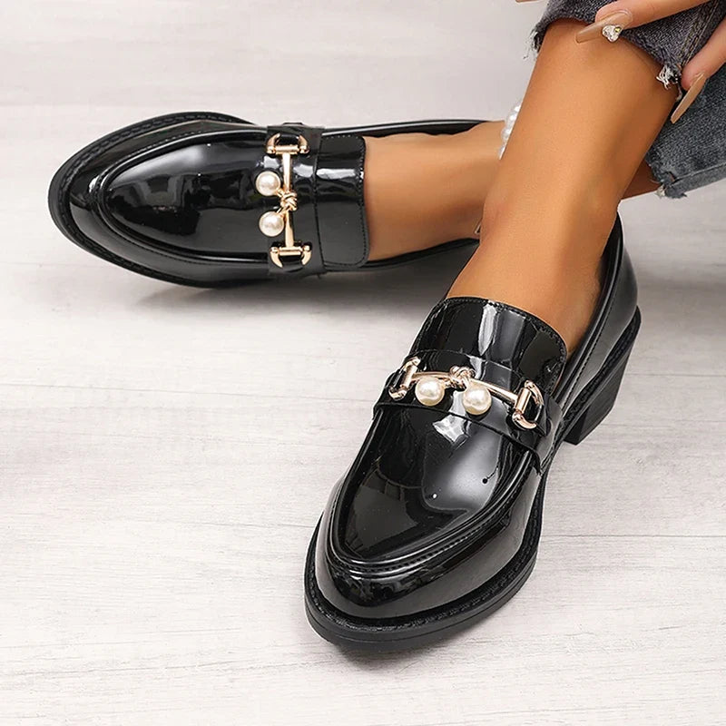 Office Ladies Patent Leather Oxford Shoes Plus Size 43 Pointed Toe Thick Heel Pumps Women British Style Slip On Student Shoes