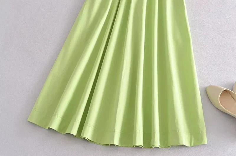 Foridol Elastic Smocking Green Cotton V Neck Summer Women's Dress Sleevless Long Green Maxi Casual Strapy Dress Solid Female