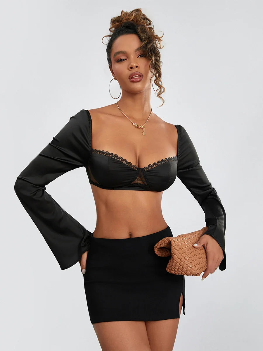 Women Long Sleeve Crop Tops Mesh Lace Trim Sweetheart Neckline Tie-Up Backless T-Shirts Spring Fall Slim Fit Shirts Streetwear