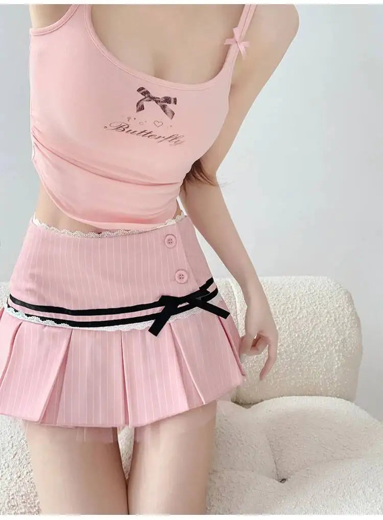 Striped Contrasting Color Bow Lace Splicing Pleated Skirt Women 2026 Summer American Style Low Waist  A-line Short Skirt UBFK