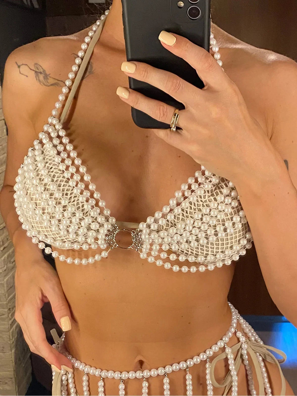 Luxury Pearls Halter Hollow Out See Through Bikini Top Female Swimsuit Women Swimwear Bather Bathing Suit Swim Beach Top V5409