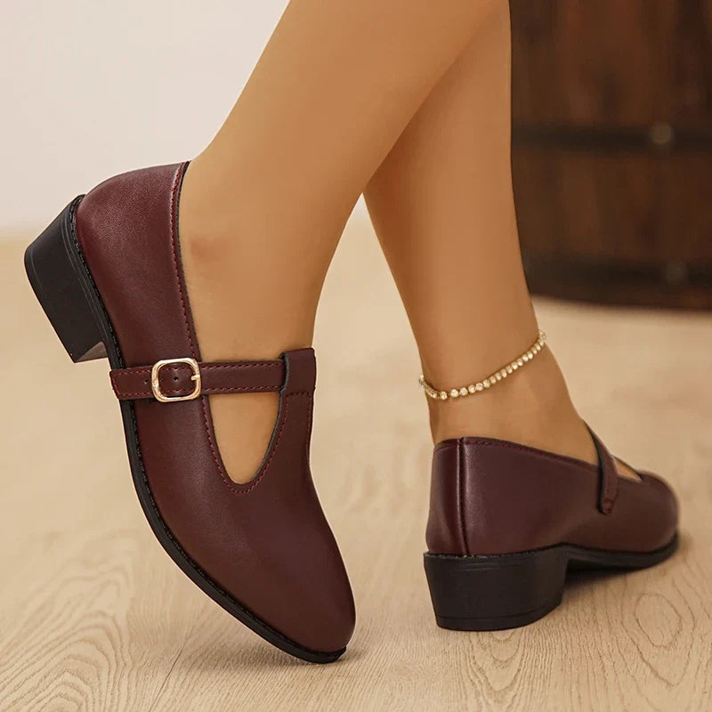 Fashion T Strap Pointed Toe Oxford Shoes Women Ankle Buckle Low Heel Pu Leather Shoes Woman Plus Size 43 Thick Sole Office Shoes