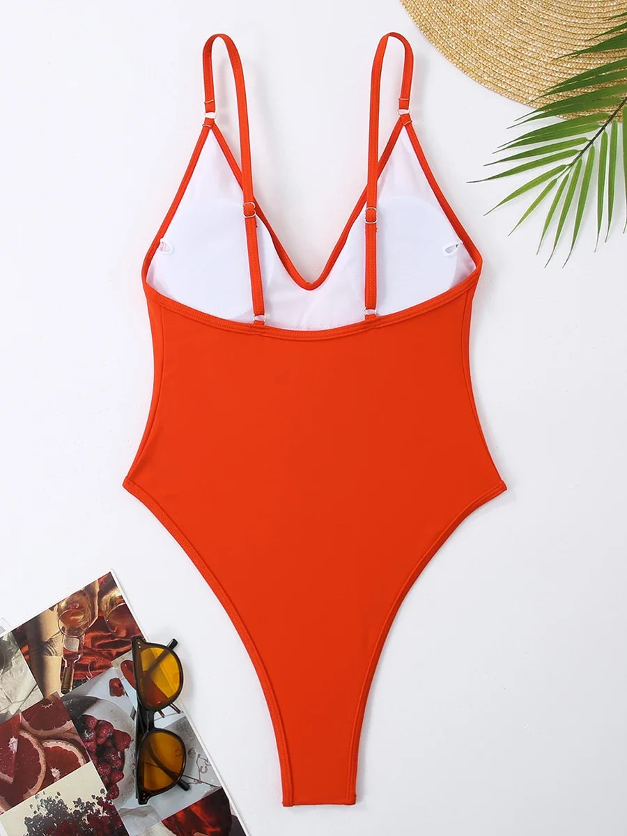 2026 Sexy Solid Swimsuit One Piece High Cut Swimwear Women V neck Backless Bathers Bathing Swimming Swim Suit Female Beachwear