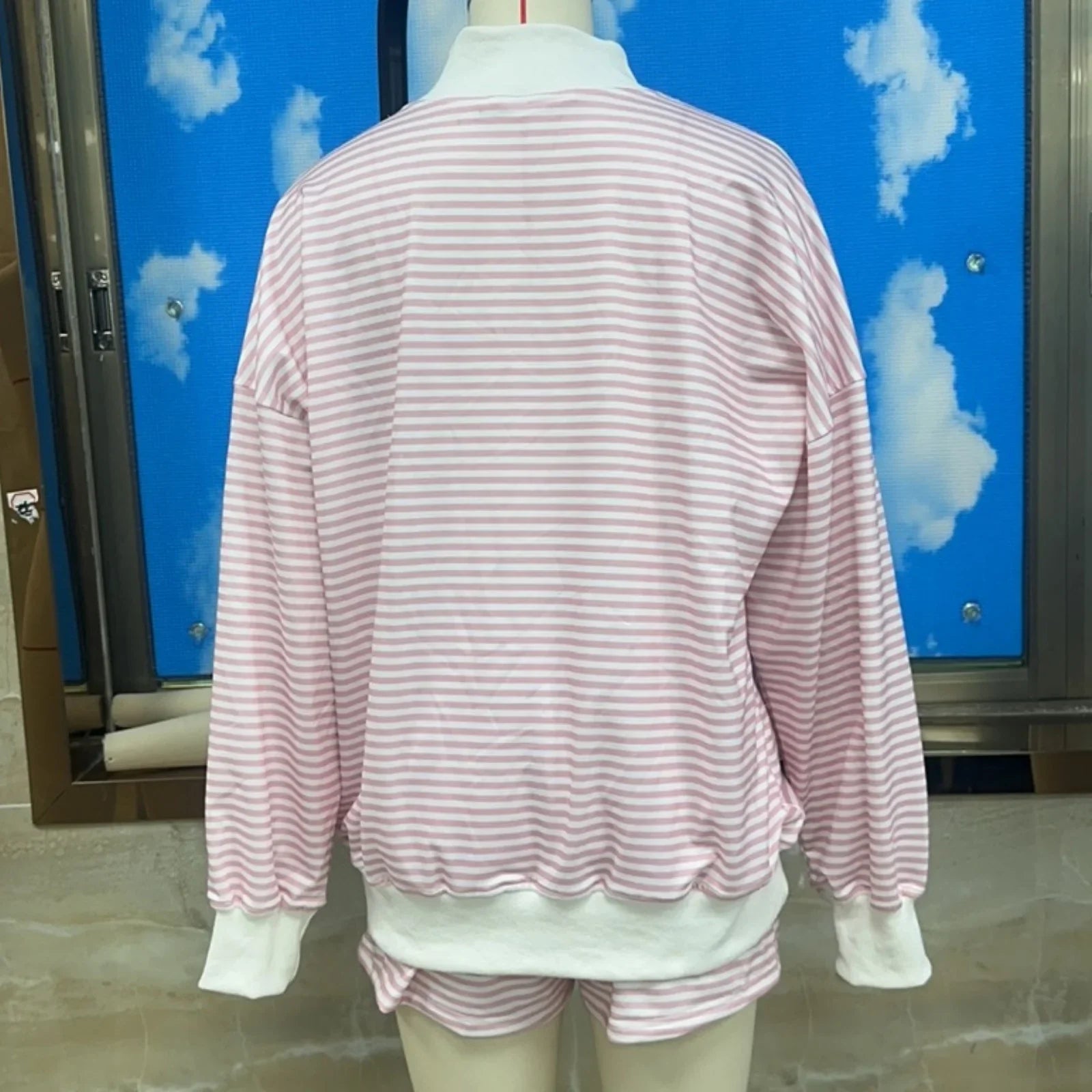 Striped Print Suits for Women Casual Loose Fit Stylish Crew Neck Long Sleeve Tops and Shorts Fall 2 Pcs Set