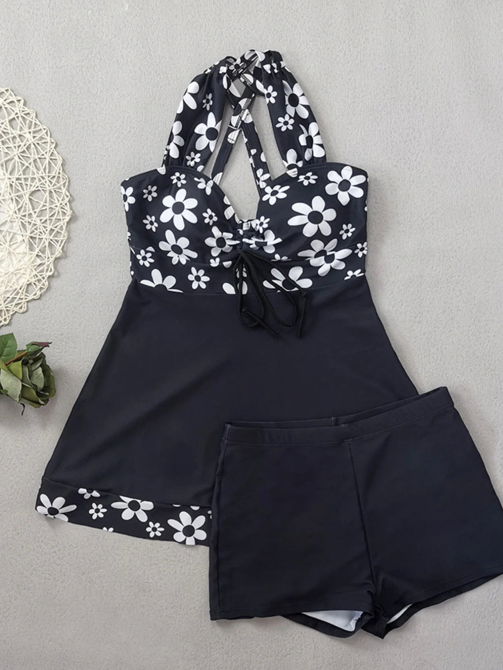 Vintage Black Flower Print Skirt Bikini Set 2026 Front Bow Crop Top Bathing Suit Swimwear Women's High Waist Swimsuit Tankini