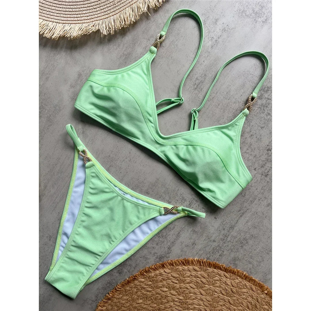 10 Colors V Neck Rhinestones Bikini Female Swimsuit Women Swimwear Two-pieces Bikini Set Padded Bather Bathing Suit Swim V8138