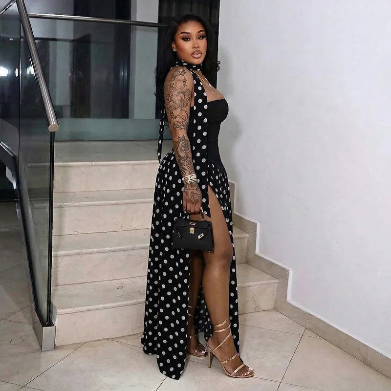 FDYOUI Elegant Bandage Polka Dot Patchwork Evening Dresses Women's 2026 Summer Off Shoulder High Slit Pleated Long Party Dress