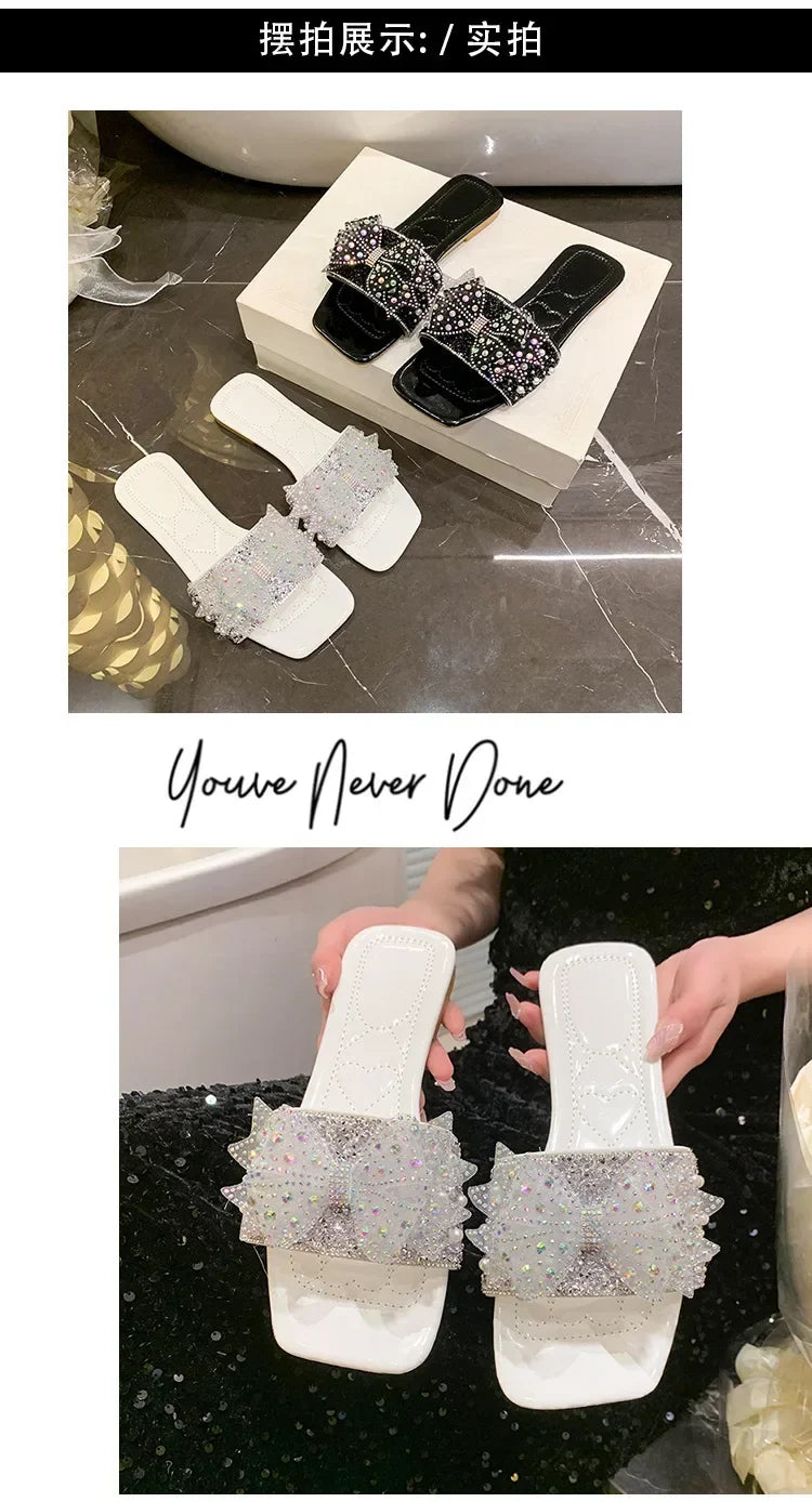 Women Summer Shoes  New Fashion Comfortable Non Slip Bow-knot Slippers Outdoor Soft Sole Rhinestone Dress Style Women Sandal