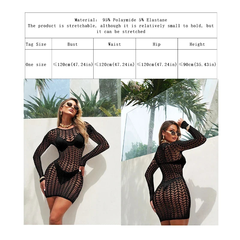 Women Sheer Mesh Long Sleeve Beach Cover Up, Sexy See-Through Fishnet Dress, Solid Bodycon  For Summer Beach Party