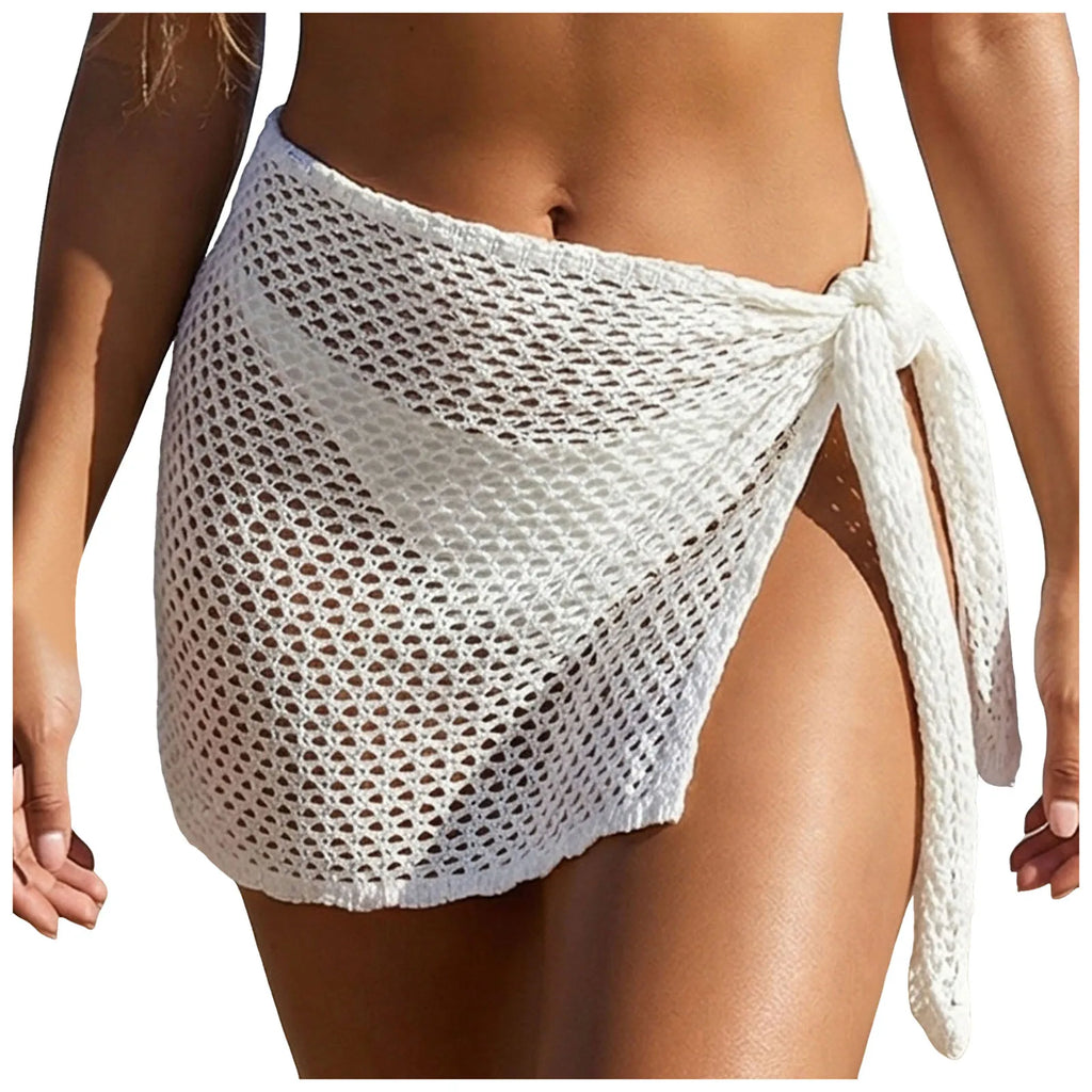 Women Crochet Knit Beach Cover Up Skirt Tie Side Holllow Out Mesh Mini Skirt Bow Knot Swimsuit Coverup Summer Vacation Beachwear