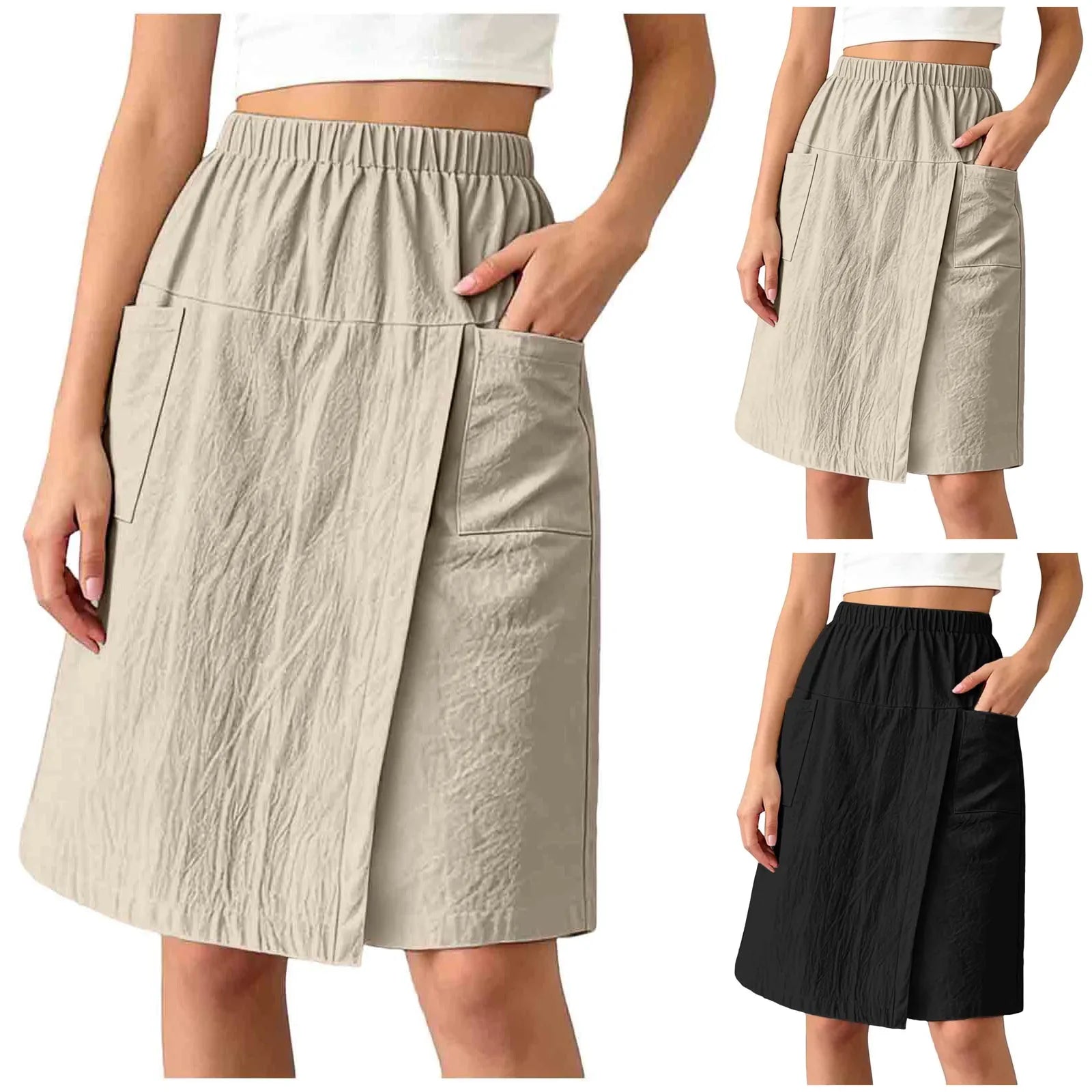 Women's Textured Wrap Skirt Shorts Solid Color Elastic Waist Midi Skort With Pocket Casual Loose Fit Layered A Line Summer Short