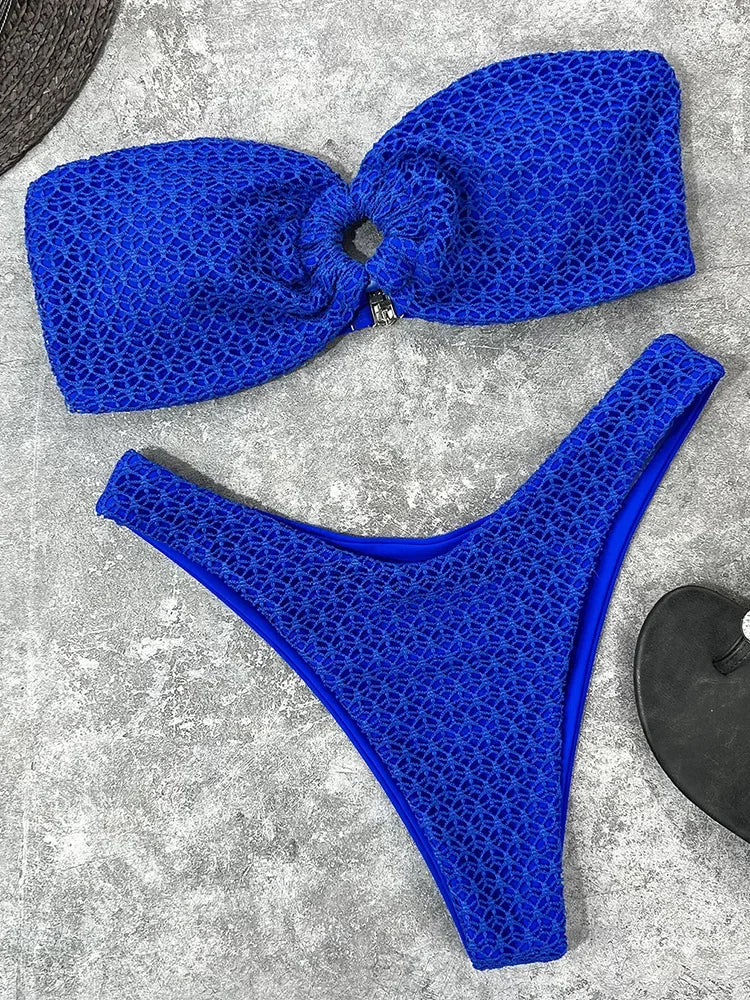 Wrinkled Fishnet Strapless Bandeau Bikini Women Swimsuit Female Swimwear Two-pieces Bikini set High Cut Bather Bathing Suit Swim