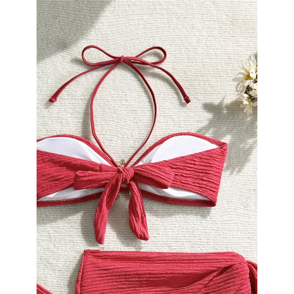 3PCS With Sarong Metal Star Halter Bikini Female Swimsuit Women Swimwear Three-Pieces Bikini Set Bather Bathing Suit Swim V7042