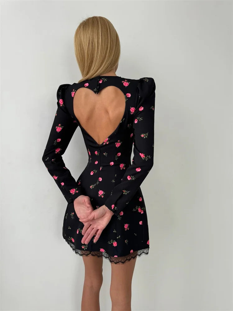 Ahagaga Elegant Women's Mini Dresses Print Heart-shaped Cutout Slim Fit A-Line Regualr Long Sleeves Trend O-Neck Lace Patchwork