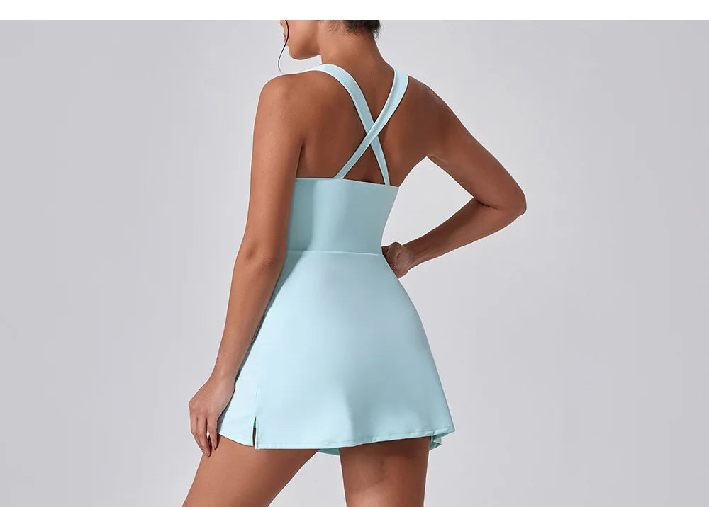 Front Zipper Tennis Dresses Women Summer Sleeveless Sports Athletic Dress Outdoor Cross Backless Pocket Short Workout Skirts