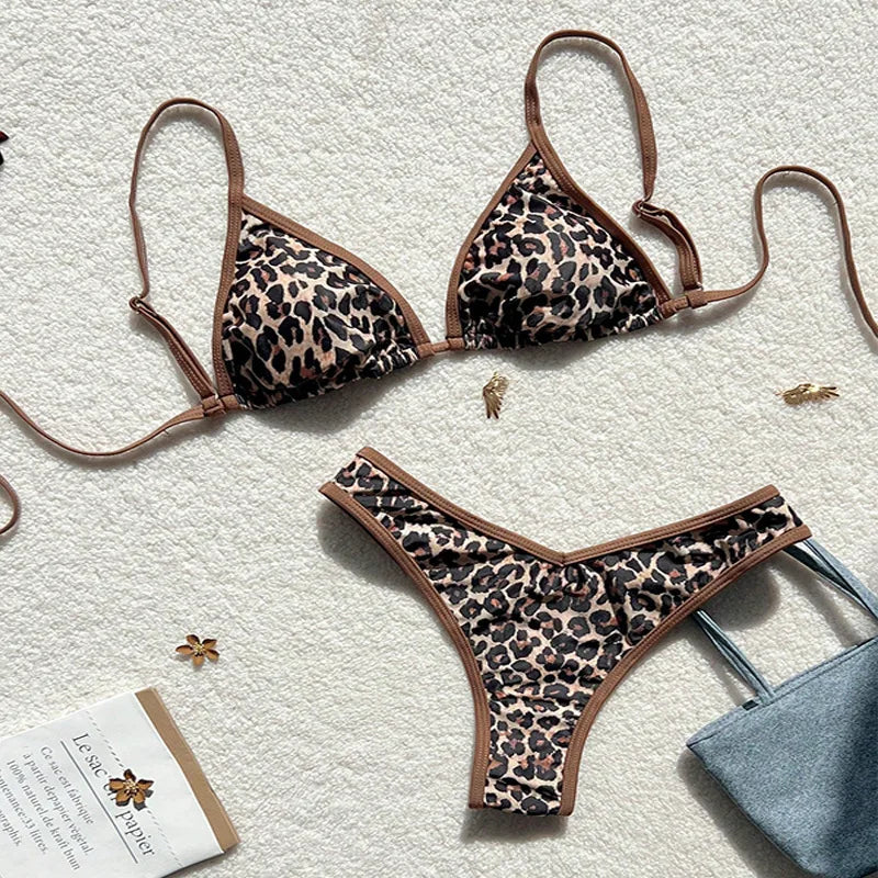 Sexy Leopard Print Bikini 2 Piece Set Women Laced Up Split Swimsuit Low Waist Beachwear 2025 New Summer Swimwear Bikinis Set