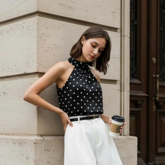 Phantasy Office Lady Polka Dot Tanks Eleghant Halter Black Top Women Sexy Lace up Sleeveless Red Vest 2026 Summer Clothing