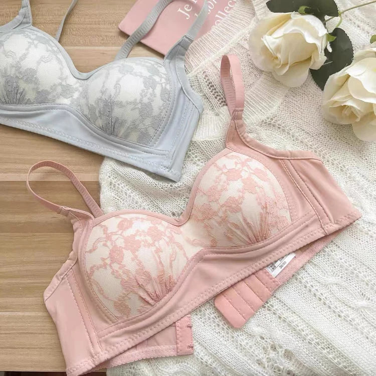Summer Lace Half Cup Bra Small Bust Beachwear Gathering Light Support Pure Bralette Ultra Thin Wirefree Set AU MOYISU S-XL-32-38