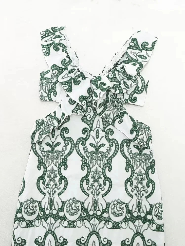 Vintage Flower Embroidery Summer Maxi Dress Women Bakless Tie Up Ruffles Long Beach Vestidos Sexy Tank Party Dresses Sundress