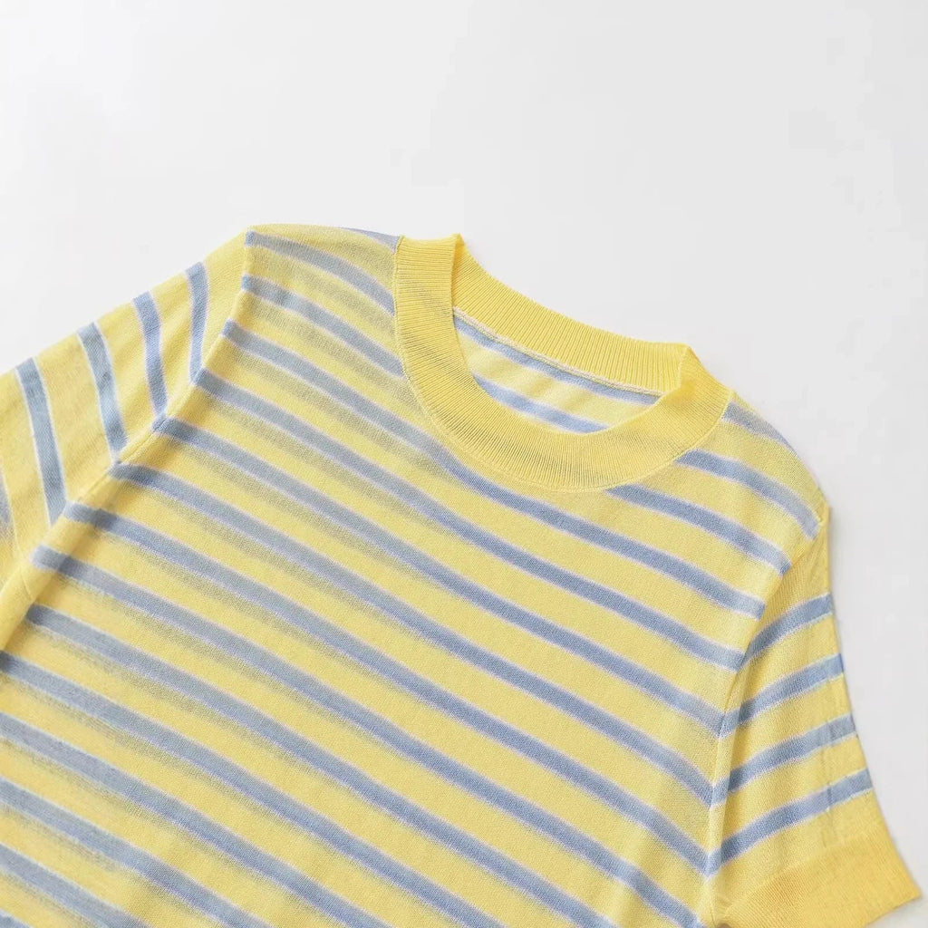 Fashionable Casual Striped Short-sleeve Knit Shirt Women Yellow Blue Striped Short Sleeve Knit Top Crew Neck Summer T Shirt SEUY
