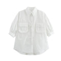 Women's Fashion Casual White Short Sleeve Shirt White Cotton Button Shirt Lapel Collar Half Sleeve Loose Fit Casual Blouse 8GDK